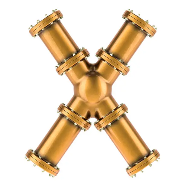 Photo of Letter X from copper, bronze or brass pipes, 3D rendering