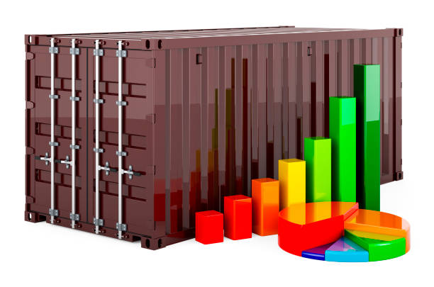 green cargo container with growth bar graph and pie chart. 3d rendering - green report business bar graph imagens e fotografias de stock