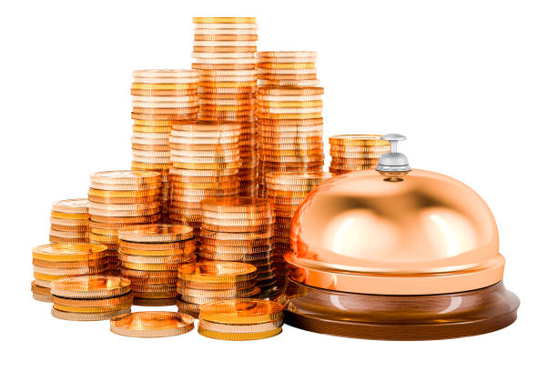 istock Reception bell with golden coins, 3D rendering 1757196482