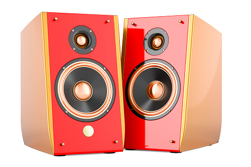 Musical Speakers, red color. 3D rendering isolated on white background