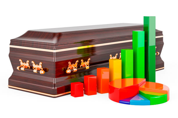 cercueil en bois avec graphique à barres de croissance et diagramme circulaire. rendu 3d - graph chart report pie chart photos et images de collection