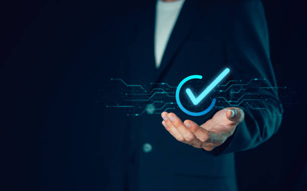 istock Businessman assessment for certificate. Digital online documents with sign correct. ISO certification, Guarantee, Quality assurance, standard, standardization. Customer service evaluation 1757204942