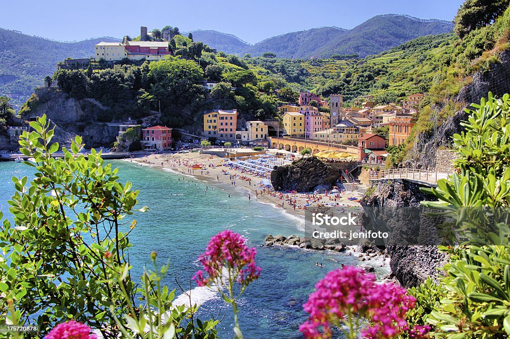 Italian coast Cinque Terre village of Monterosso with flowers, Italy Monterosso Stock Photo