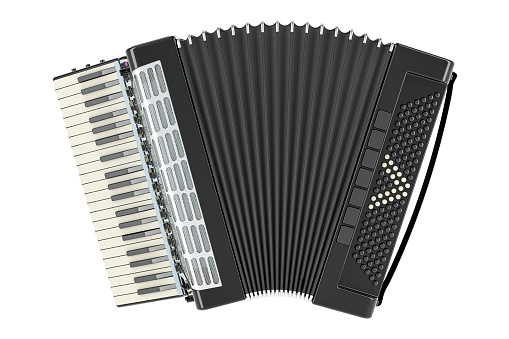 Piano accordion, black color, front view. 3D rendering isolated on white background