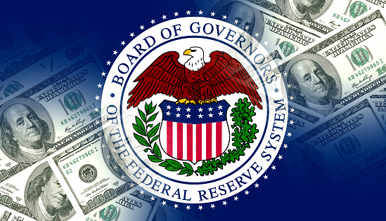 Federal Reserve flag combined with 100 US dollars. Basemap and background concept. Double exposure hologram.