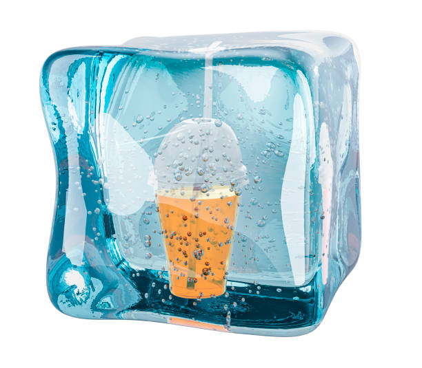 istock Plastic transparent disposable cup with drink frozen in ice cube, 3D rendering 1757214883