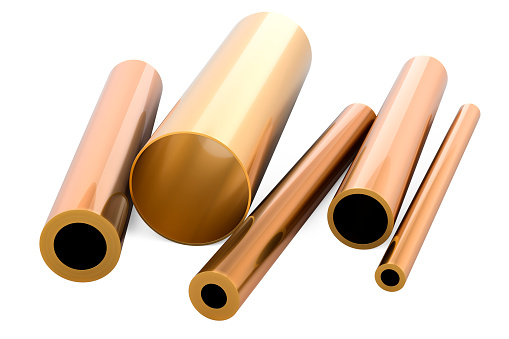 Stack of different sizes round pipes from copper, bronze or brass. Cold rolled metal. 3D rendering isolated on white background