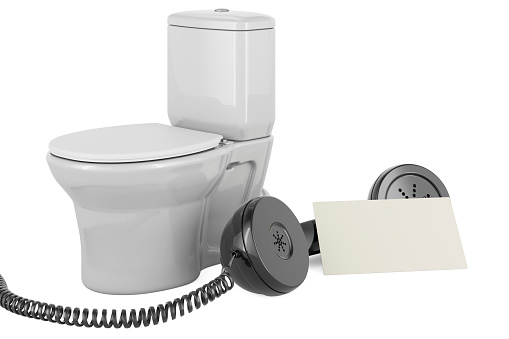 Toilet bowl with blank business card and retro phone receiver. 3D rendering isolated on white background
