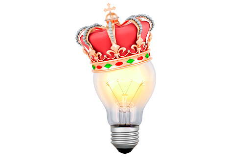 Lightbulb with golden crown, 3D rendering isolated on white background