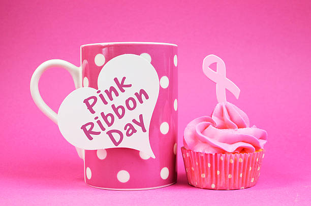 Pink ribbon on pink coffee cup for breast cancer awareness