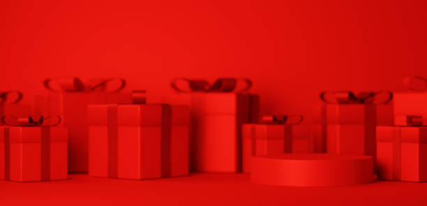 istock 3D Illustration.Red pedestal and gift box. Copy space.(horizontal) 1757222720
