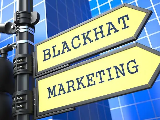Business Concept. Blackhat Marketing Sign on Blue Background.