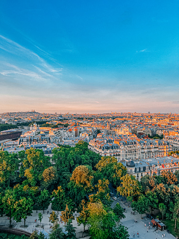 High Angle View from Eiffel Tower of Gros-Caillou, Facing Northwest at Sunset in the Summer in Paris, France