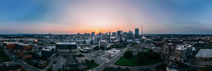 Wide Angle Panorama of Downtown Nashville, Tennessee Skyline, as seen from the Southeast