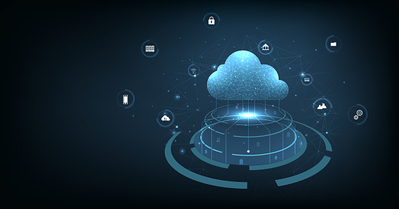 Cloud computing concept. Cloud storage with data protected exchange Cloud computing, big data center, on dark blue background. Cloud Technology illustration concept.
