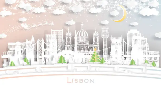 Vector illustration of Lisbon Portugal. Winter City Skyline in Paper Cut Style with Snowflakes, Moon and Neon Garland. Christmas, New Year Concept. Lisbon Cityscape with Landmarks.