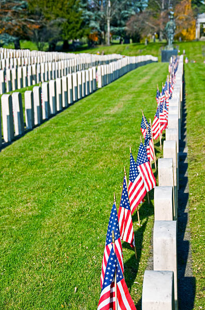 istock Amercian flags by gravestones on Veterans' Day at cemetery 175730632