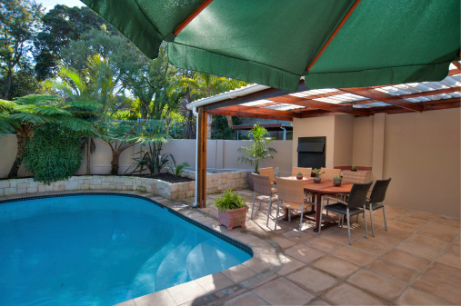 Backyard of an home with swimming pool and dining table