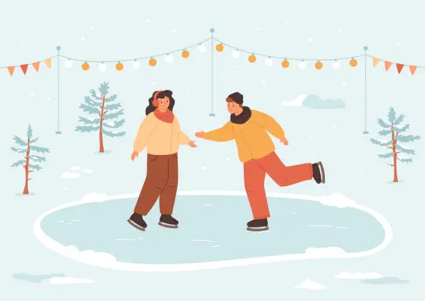 Vector illustration of Young people skating in winter forest.