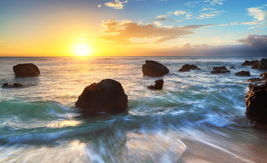 Boucan Canot beach at sunset time on Reunion island.