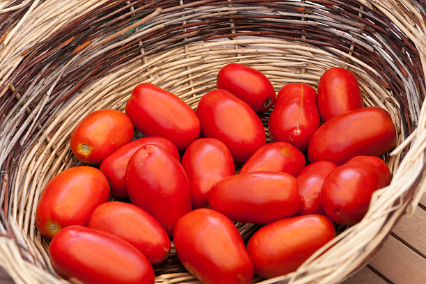 バスケットとレッドトマトサン marzano たての厳選された - san marzano tomato ストックフォトと画像