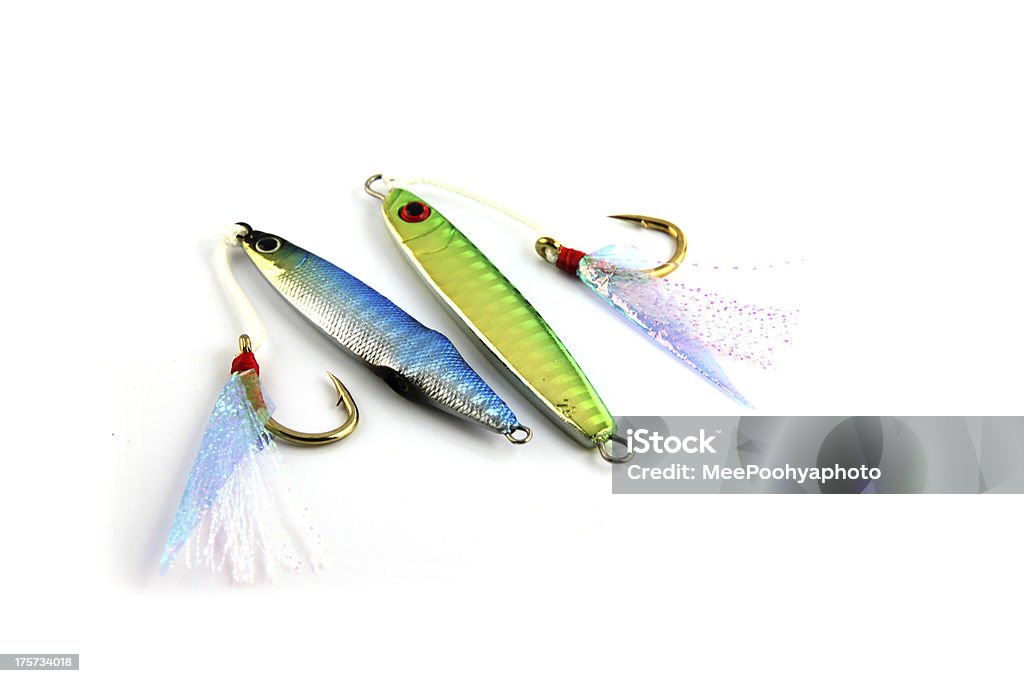 Jiging Lure é a pesca no fundo branco - Foto de stock de Amarelo royalty-free