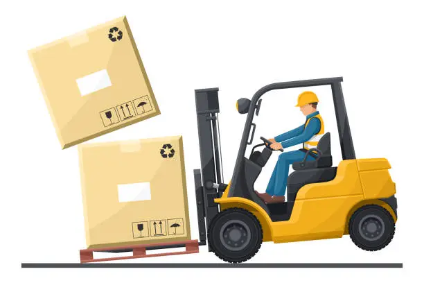 Vector illustration of Dangers of driving a forklift. Industrial worker in an accident with boxes falling on the fork lift truck. Work accident in a warehouse. Security First. Industrial Safety and Occupational Health