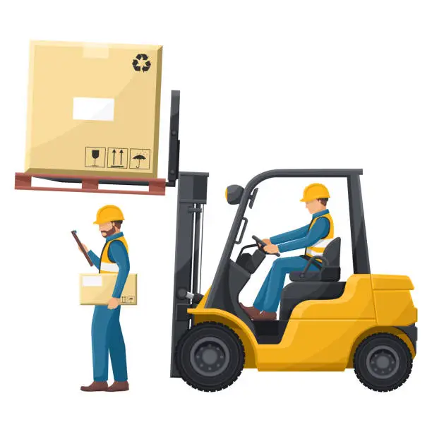Vector illustration of Do not go under the forks. Risk of falling load from a forklift. Safety in handling a fork lift truck. Security First. Accident prevention at work. Industrial Safety and Occupational Health