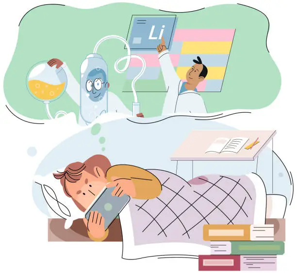 Vector illustration of Person lies in bed studying chemistry lesson online with tablet. Online lessons, distance education