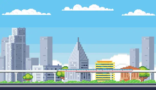 Vector illustration of City buildings. Downtown pixelated cityscape. Scenery skyline. Suburban pixel town silhouette