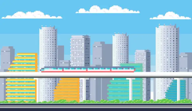 Vector illustration of City buildings. Downtown pixelated cityscape. Scenery skyline. Suburban pixel town silhouette