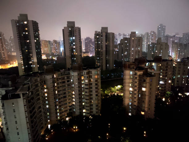 Puxi cityscape at night, Shanghai, China