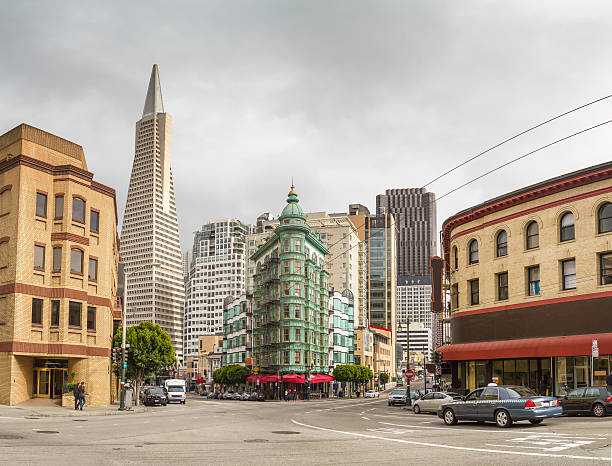 San Fransisco City San Fransisco downtown, crossing of streets Columbus Ave. and Kearny St. transamerica pyramid san francisco stock pictures, royalty-free photos & images