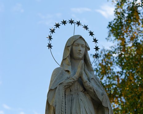 Close-up photo of the Statue of the Mother of God in front of the Church of St. Anastasija in Samobor, Croatia