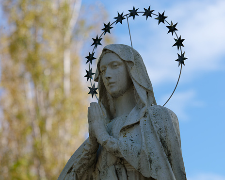 Close-up photo of the Statue of the Mother of God in front of the Church of St. Anastasija in Samobor, Croatia