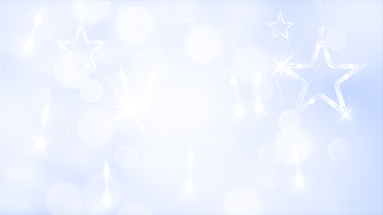 Horizontal illustration of a creative very light blue color Xmas lights bokeh shimmery backgrounds with pair of hanging shining pentagram stars. It is textured and has a color gradient. There is no text and no people, ample copy space. Apt for birthday party celebrations backdrops, wallpapers, templates for greeting cards, banners or posters or gift wrapping paper sheets.