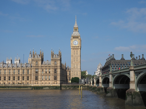 panoramic view over the river Thames on the Houses of Parliament, Big Ben, Millennium Wheel and Westminster Abbey, London UK