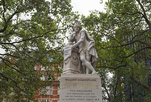 Statue of William Shakespeare in Leicester Square by sculptor Giovanni Fontana circa 1874 in London, UK