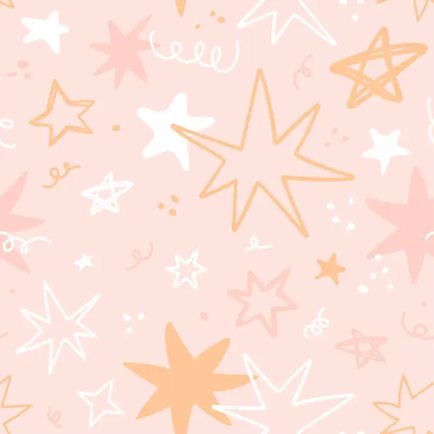 Vector illustration of Hand drawn stars seamless pattern in pastel pink and golden colors.