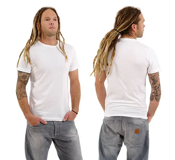 Photo of a male in his early thirties with long dreadlocks and posing with a blank white shirt.  Front and back views ready for your artwork or designs.