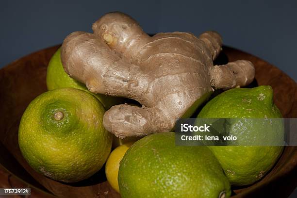 Green Lemons And Ginger In A Wooden Bowl Stock Photo - Download Image Now - Bowl, Ginseng, Gray Background