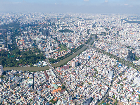 Aerial view of Ho Chi Minh City skyline and skyscrapers in center of heart business at Ho Chi Minh City downtown. Cityscape and many buildings, local houses