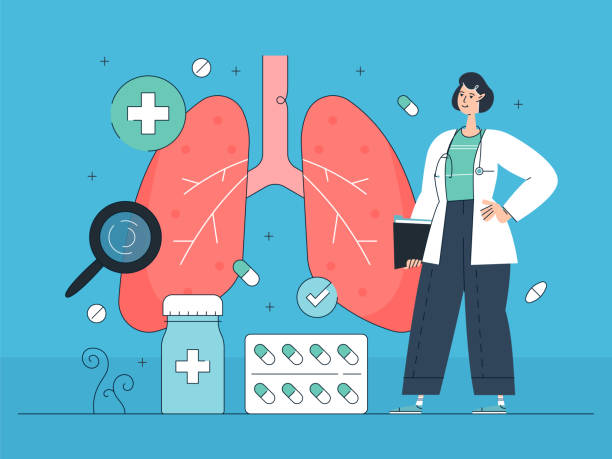 ilustraciones, imágenes clip art, dibujos animados e iconos de stock de ilustración de diseño plano del sistema respiratorio - neumonía