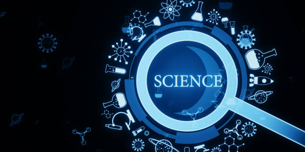 Creative glowing magnifier hologram on blurry dark background. Science, research and medicine concept. 3D Rendering