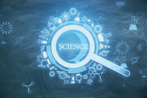 istock Glowing creative glowing magnifier hologram on blurry blackboard background. Science, research and medicine concept. 3D Rendering. 1757416691