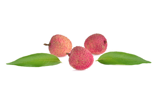 Lychee with leaves isolated on white background.