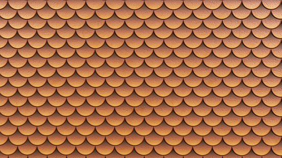 3D rendering of color roof tile pattern, geometric pattern with shapes overlapping each other in rows, fish scales background
