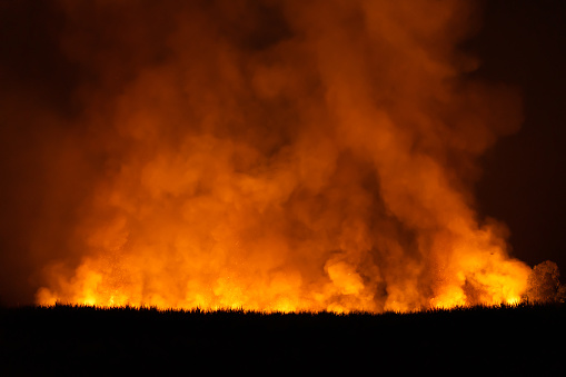 Fire at night, burning the farm at night, with a group of smoke rising into the air, burning that creates air pollution concept