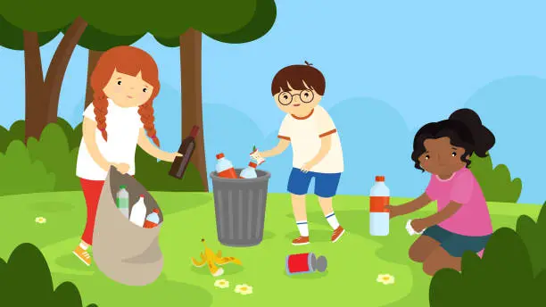 Vector illustration of Children picking up garbage in the park. Vector illustration.
