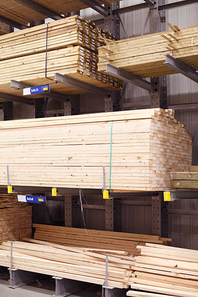 istock Stacks of cut wood planks in store. 175743568